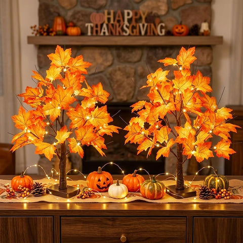 2 Pack 22" Lighted Maple Tree Fall Decor, Fall Tree with Lights Thanksgiving Decorations,24 LED Artificial Tree Battery Operated Centerpiece Table Decorations for Home Party Autumn Decor