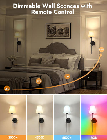 5200mAh Battery Operated Wireless Wall Lights Set of 2, 60CM Rechargeable Wall Lights with Dimmable Detachable Bulbs and Remote, 12-Color Wall Sconce Lighs for Bedroom Living Room Black