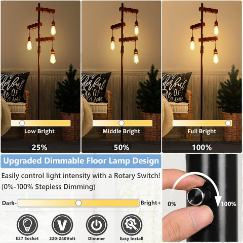Dimmable floor lamp with light intensity control options and rotary switch illustration.