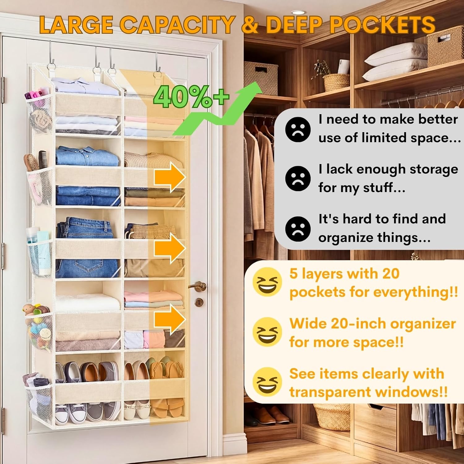 over the Door Organiser with 5 Tiers and 10 Compartments, Extra Large Hanging Door Storage with 4 Hooks, 36Kg Weight Capacity, Bedroom Wardrobe or Nursery Nappy & Toy Storage – Beige