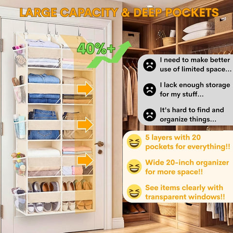 over the Door Organiser with 5 Tiers and 10 Compartments, Extra Large Hanging Door Storage with 4 Hooks, 36Kg Weight Capacity, Bedroom Wardrobe or Nursery Nappy & Toy Storage – Beige