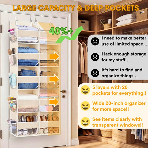 Ofiray-Home Over The Door Storage Organiser – 5-Tier, 10 Compartments, Pink Hanging Storage with 10 Side Pockets