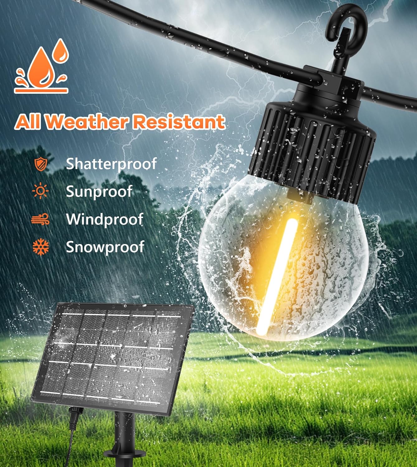 Solar-powered outdoor light bulb with waterproof features in a grassy area.