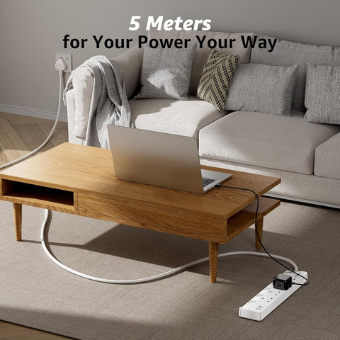 5M Extension Lead with PD 20W USB C, 4 Way Multi Plug Extension Cable with 3 USB Ports, 13A Fused UK Plug, Long Power Cord with Fast Charging USB C, Individual Switches for Home Office Bedroom