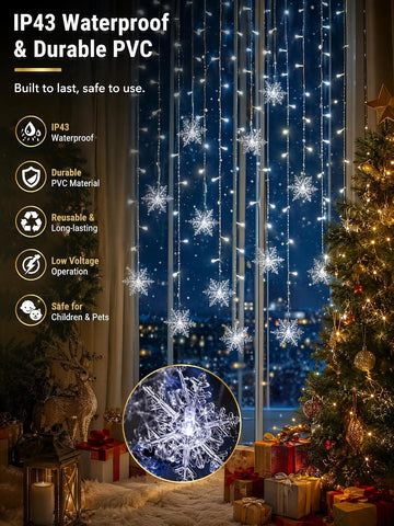 Christmas Snowflake Curtain Lights – 96 Warm White LEDs, 8 Lighting Modes & Remote Control for Windows – Bring a Little Winter Magic to Every Evening