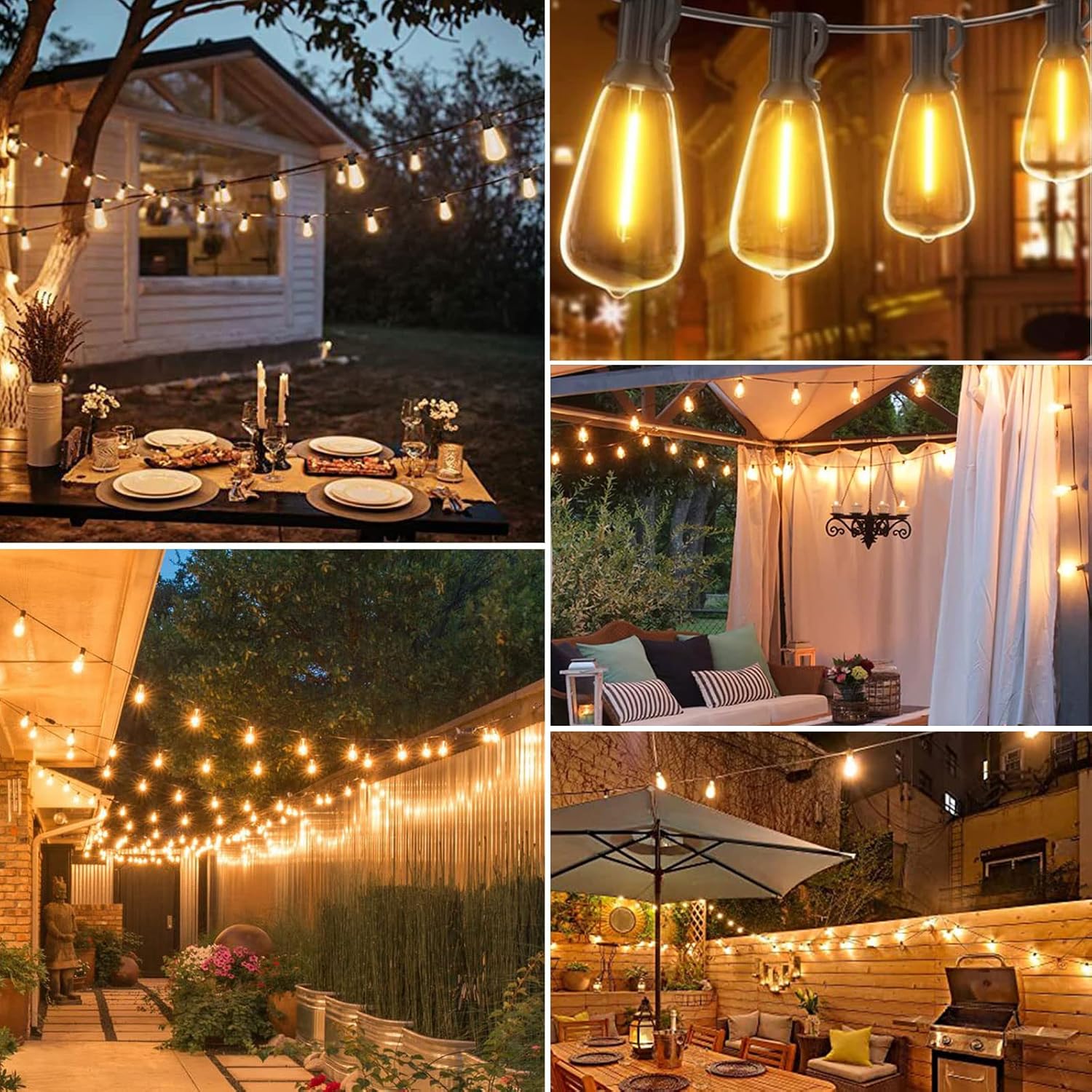 Collage of outdoor string lights in various settings