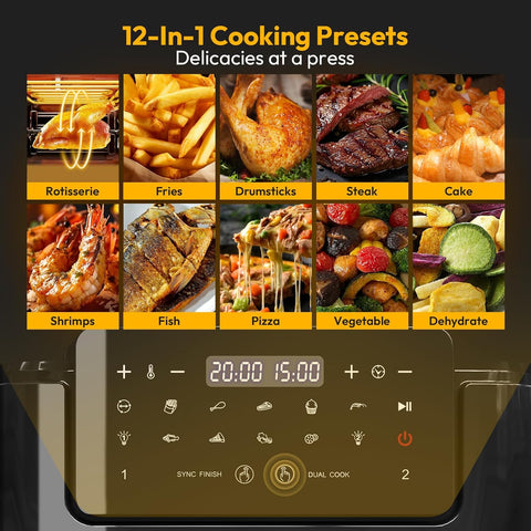 LLIVEKIT 15L Dual Air Fryer Oven – 2600W, 12-in-1, Rotisserie, SYNC Finish & Dual Cook, 8 Accessories, LED Touch Screen