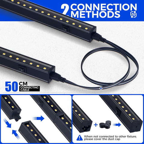 LED strip light with 50cm connecting cable and two connection methods on a white background.