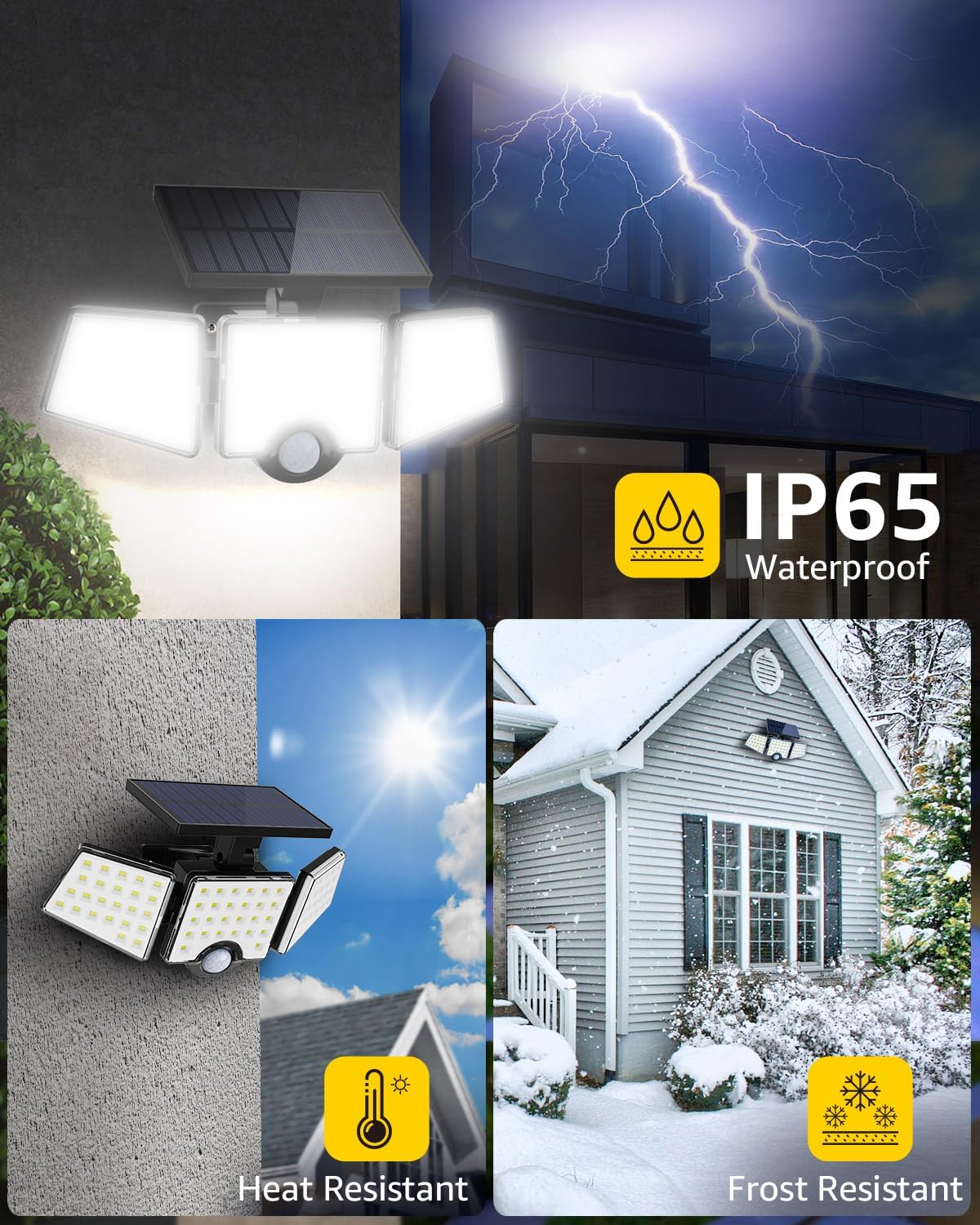 Collage of outdoor solar light with weather resistance features and usage scenarios.