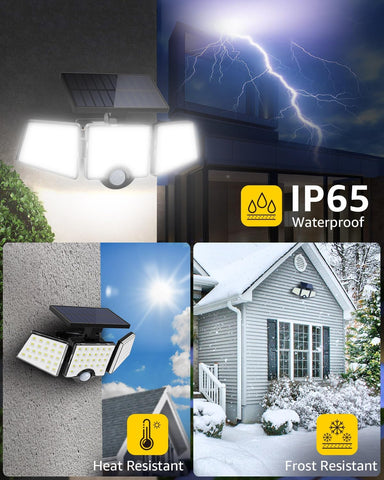 Collage of outdoor solar light with weather resistance features and usage scenarios.