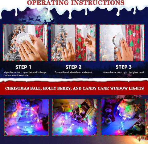 Christmas Window Lights, 3 Pack Multicoloured Ball, Holly Berry & Candy Cane with Suction Cup, Timer Function & Slow Fade Mode – Battery Operated LED Window Decorations
