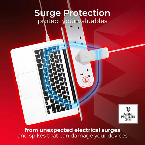 Surge protector with laptop on red background, emphasizing surge protection.