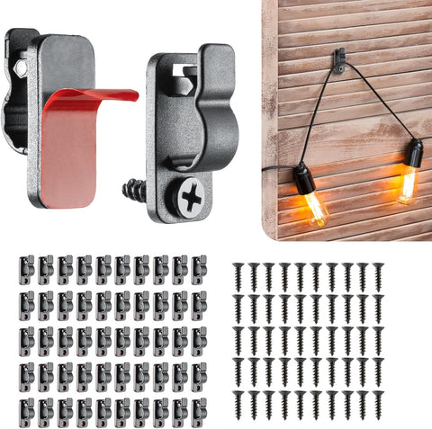 50 Pack Garden Light Hooks with Adhesive & Screws – Black Nylon Outdoor String Light Clips with Safety Buckles for Fences, Patios & Balconies – Keep Every Light Securely in Place