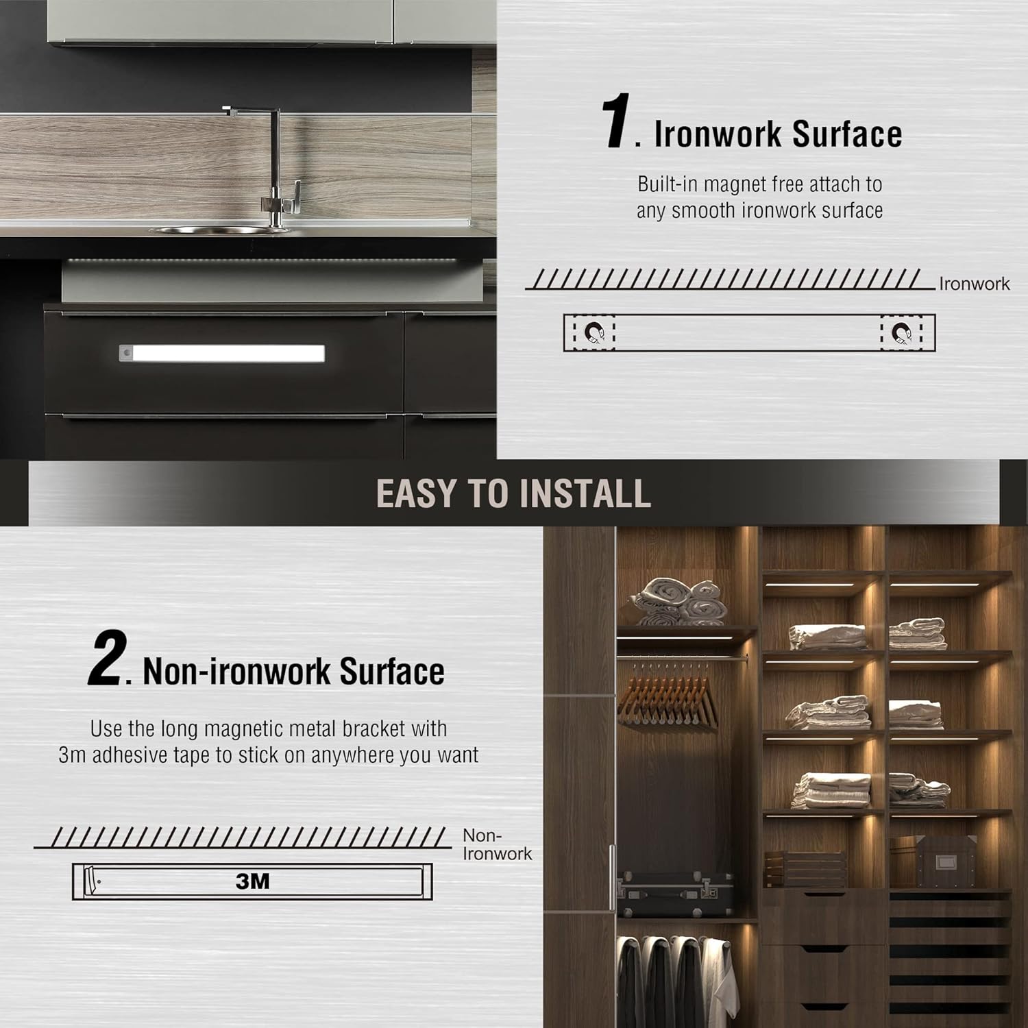 Kitchen setup with ironwork and non-ironwork surface options, featuring text on installation.