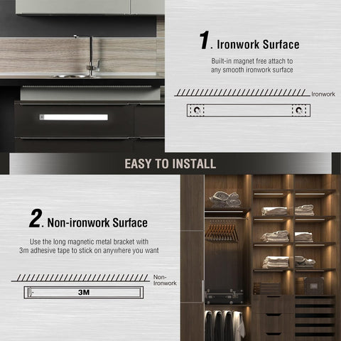 Kitchen setup with ironwork and non-ironwork surface options, featuring text on installation.
