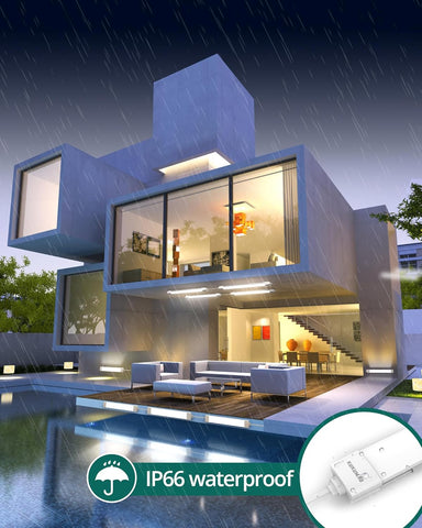 Modern house with a pool at night, featuring IP66 waterproof technology.