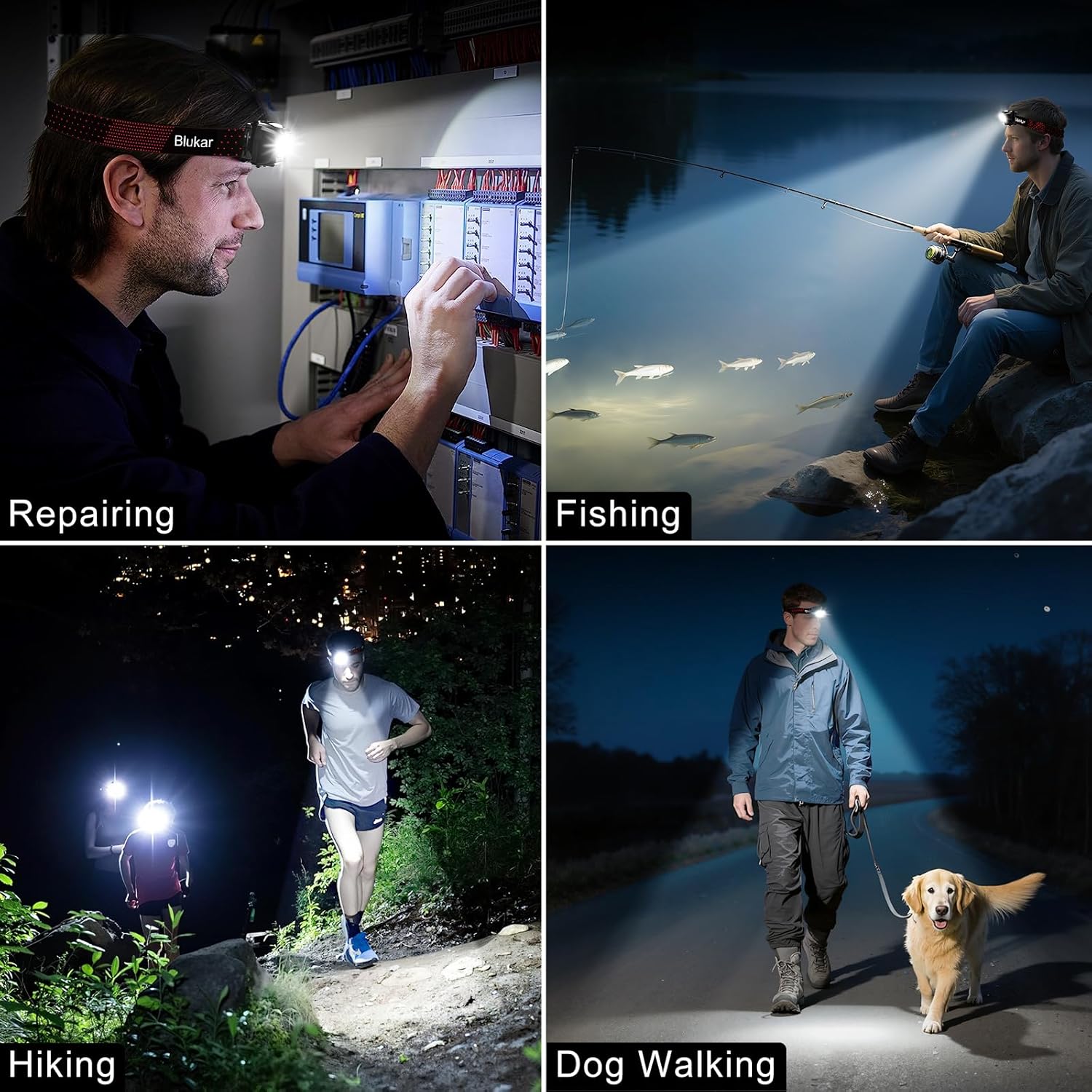Collage of a person using a headlamp in various activities including repair, fishing, hiking, and dog walking.