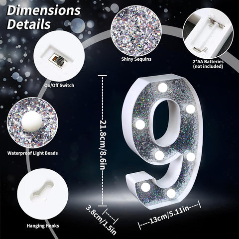 Silver Glitter LED Number Light 9 Battery Powered