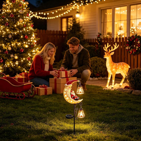Solar Santa Claus Christmas Resin LED Moon Lights with Lantern