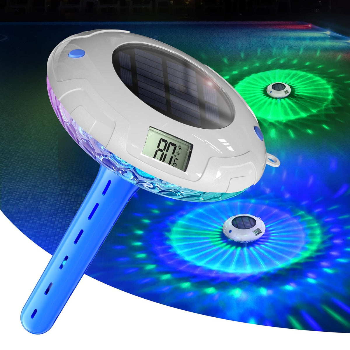 Solar Digital Pool Light & Floating Pool Thermometer with Dual LCD Display, 8 Colour Modes, 0.1°C Precision & IPX7 Waterproof Design
