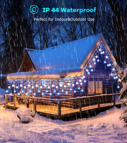 Icicle Outdoor Christmas Lights with Snowflake 10.7M 240 LED – Waterproof Connectable Blue White Lights with Remote, Timer & 8 Modes for Eaves, Windows & Roofs - Turn Dark Winter Evenings Into a Sparkling Welcome