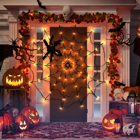 CNMTCCO Halloween Spider Web Lights with Plush Spider – 70 Orange LED Light-Up Cobweb Decoration with Remote Control for Indoor & Outdoor Halloween Parties
