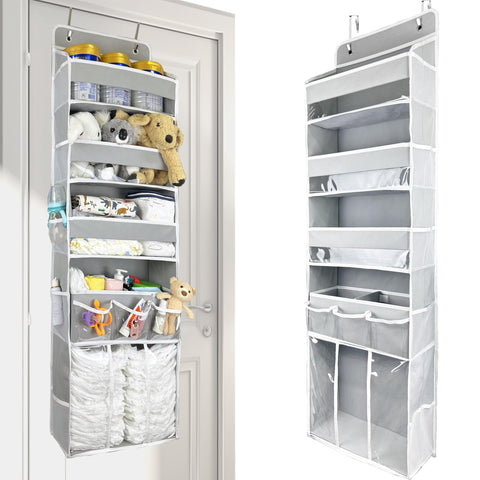 EZVERY Over the Door Baby Nappy Organiser, Beige Hanging Nursery Storage with 3 Bins, Removable Nappy Caddy and 10 Mesh Side Pockets