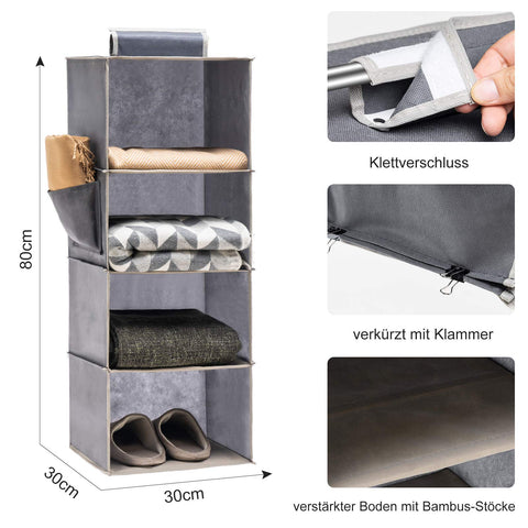 YOUDENOVA Hanging Wardrobe Organiser, 6 Shelves with Side Pockets, Grey – Make Every Shelf Count