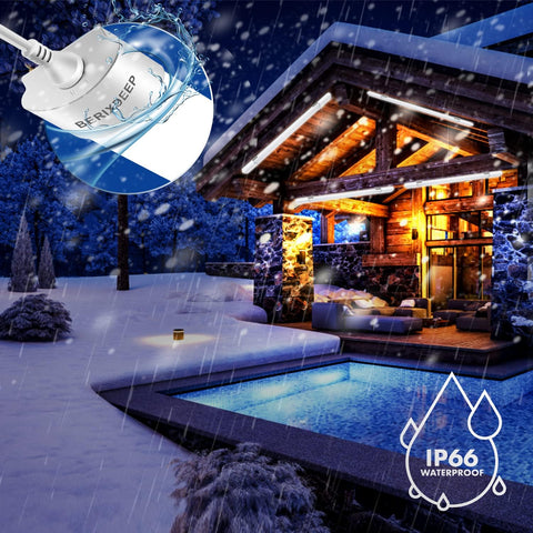Snowy outdoor setting with a wooden cabin and pool, featuring a waterproof device.
