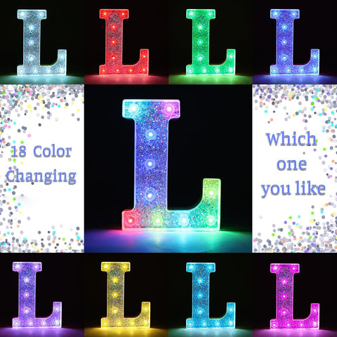 L Style Color Changing LED Letter Light, Glitter Marquee Lamp with 18 Colors, Remote Controlled, Battery Powered Decorative Letter Light for Party, Wedding, Birthday and Home Decor