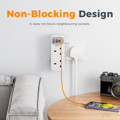 TESSAN Double Plug Adapter UK with 2 USB-C & 2 USB-A Ports – 6-in-1 Multi Plug Socket for Home, Office & Travel - Give Every Device Its Own Little Corner