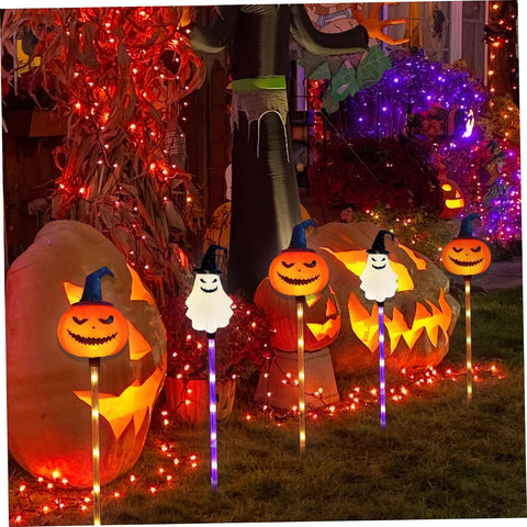 Halloween Yard Stakes with 6Pcs Ghosts Pumpkin Solar Lights, 8 Modes Waterproof Solar Halloween Lights for Garden, Yard, Pathway, Spooky Outdoor Decorations