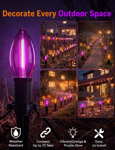 Outdoor Pathway Lights - 19.5 Ft Purple & Orange String Lights with 10 C9 LED Bulbs and Stakes, Connectable, Waterproof, Perfect for Halloween, Yard, Lawn, Garden