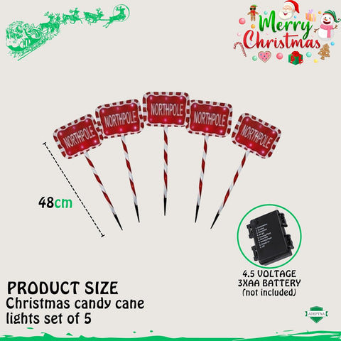 ADEPTNA 5-Piece Pathway Lights – Candy Cane Christmas Decorations Lights | 60 LED Outdoor Pathway Lights with Timer, 8 Modes - Battery Powered Garden Outdoor & Driveway Décor (Northpole)
