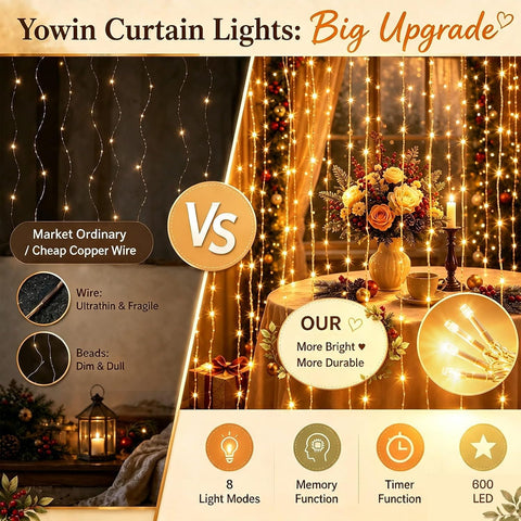 Yowin 600 LED Curtain Lights 6m x 3m Warm White Plug-In Christmas Fairy Lights – Transform Windows, Garden Fences & Party Spaces into a Soft Glow of Festive Magic