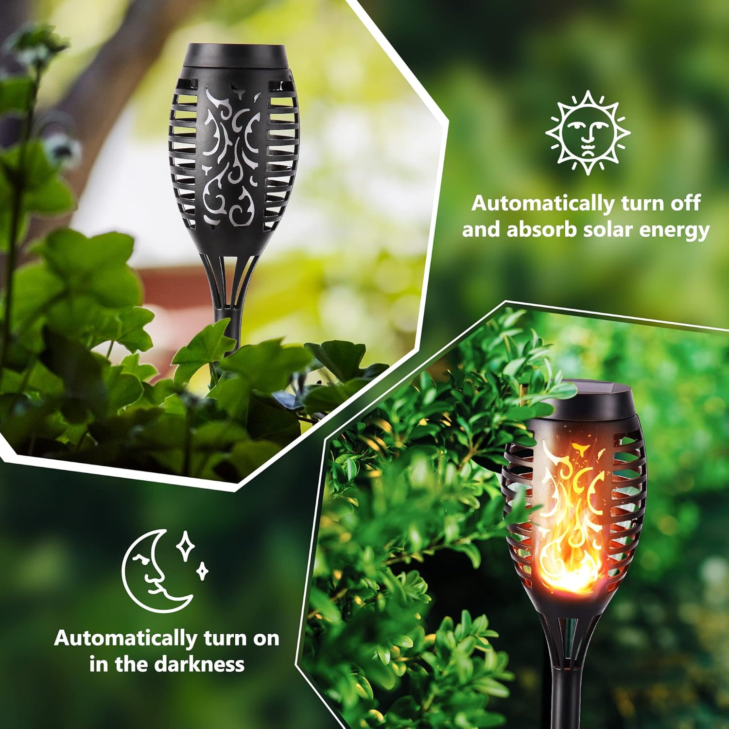 Solar-powered outdoor light fixture with flame effect, surrounded by greenery.
