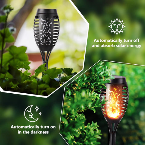 Solar-powered outdoor light fixture with flame effect, surrounded by greenery.