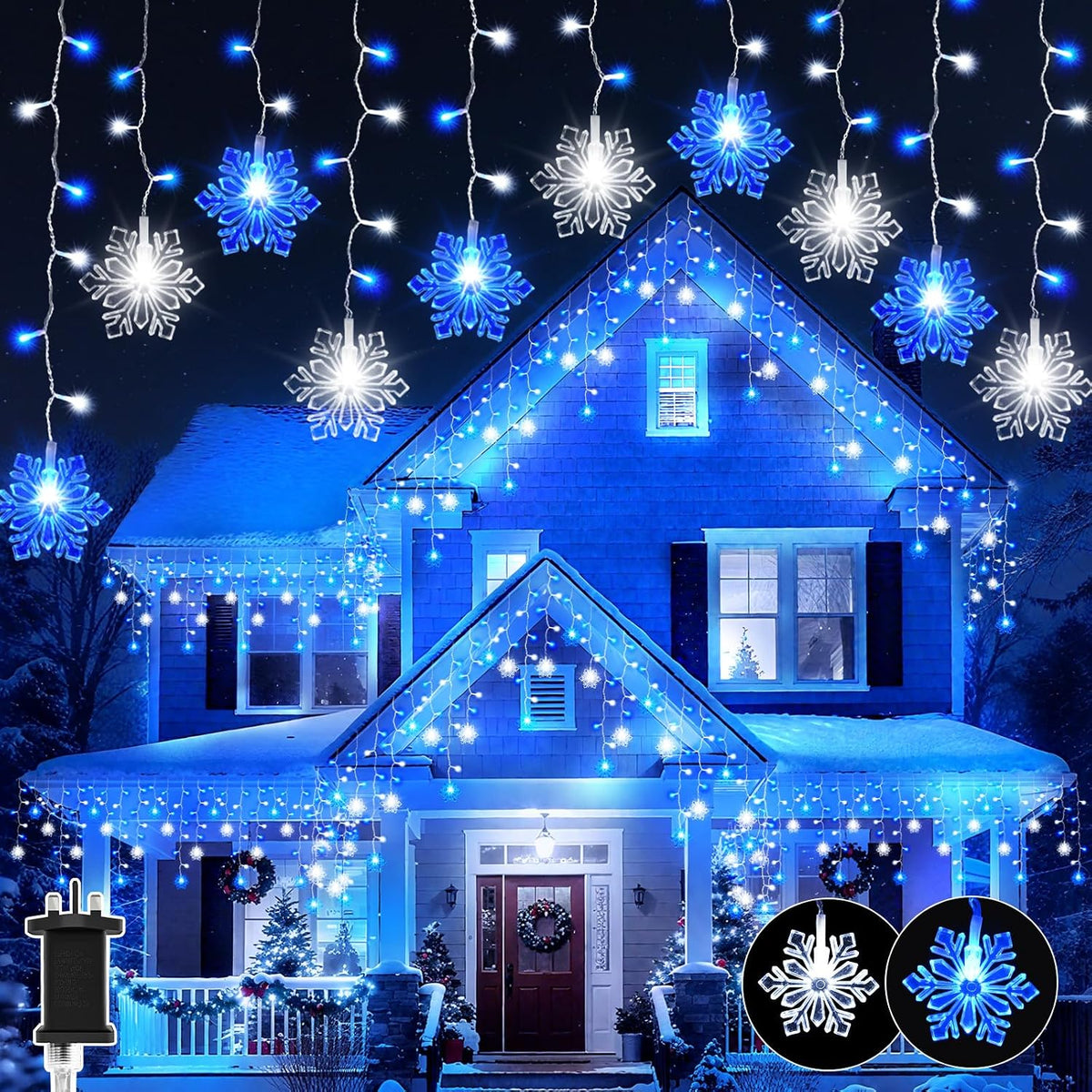 Dalugo 10M Christmas Icicle Lights Outdoor – 240 LED Blue & White Snowflake Lights with 6H Timer, 8 Modes & Memory Function - Make Your Home Glow Like a Winter Wonderland