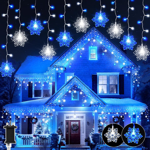 Dalugo 10M Christmas Icicle Lights Outdoor – 240 LED Blue & White Snowflake Lights with 6H Timer, 8 Modes & Memory Function - Make Your Home Glow Like a Winter Wonderland