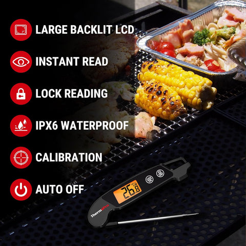 TP603B Black Digital Meat Thermometer for BBQ with Backlit LCD