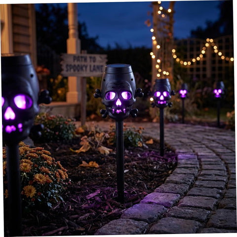 Solar Torch Lights 2Pcs Flickering Flame Skull Halloween Outdoor Garden Yard Pathway Purple