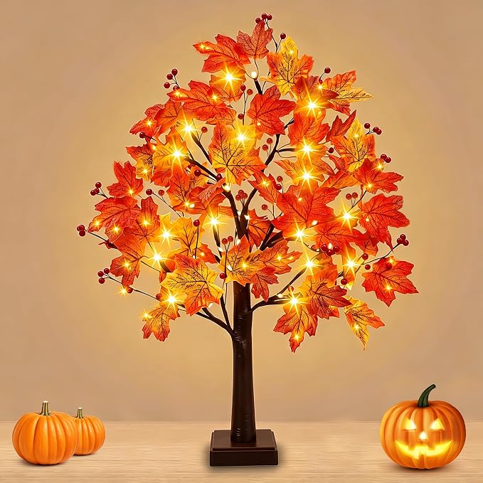 Maple Tree Autumn Lights with 74 LEDs, Autumn Tree 66 cm Autumn Decorations Autumn lights, Warm Light, Fall Decorations, USB & Battery Twig Tree with Lights, for Table Indoor Home Autumn Decorations