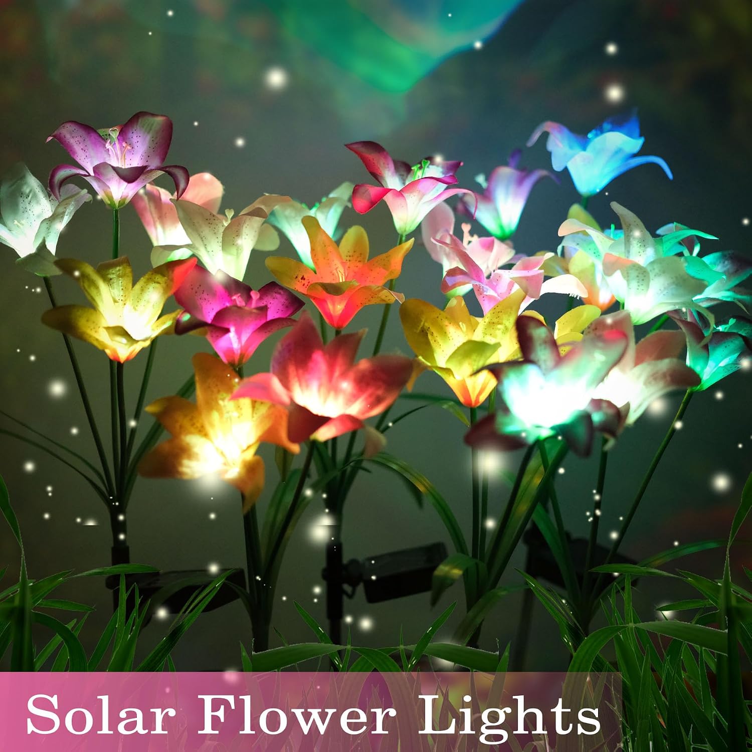 VEEKAY 4 Pack Solar Outdoor Garden Lights, 16 LED Lily Flower Shaped, Multicoloured, Warm White, IP65 Waterproof, Adjustable Stems & Leaves, Outdoor Garden, Patio, Walkways