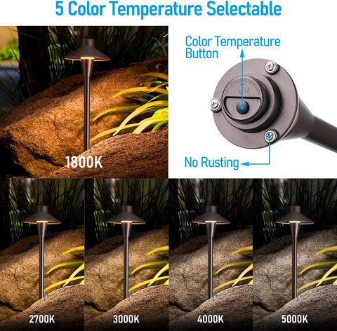 LEONLITE 3CCT Low Voltage Pathway Lights, 12-24V LED Landscape Path Light, 3000K/4000K/5000K Selectable, CRI90, IP65 Waterproof Landscape Lighting, Aluminum Housing, Oil Rubbed Bronze, Pack of 6