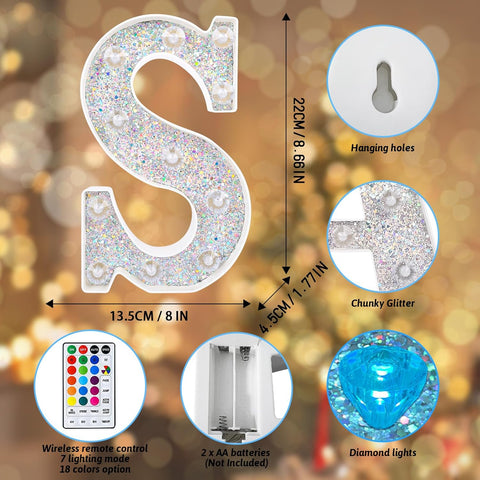 S Style Color Changing LED Letter Light, Glitter Marquee Lamp with 18 Colors, Remote Controlled, Battery Powered Decorative Letter Light for Party, Wedding, Birthday and Home Decor