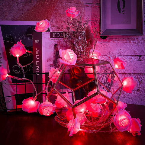 Pink Rose Fairy String Lights, 20 LED Battery Powered Flower Lights for Indoor & Outdoor Romantic Decor
