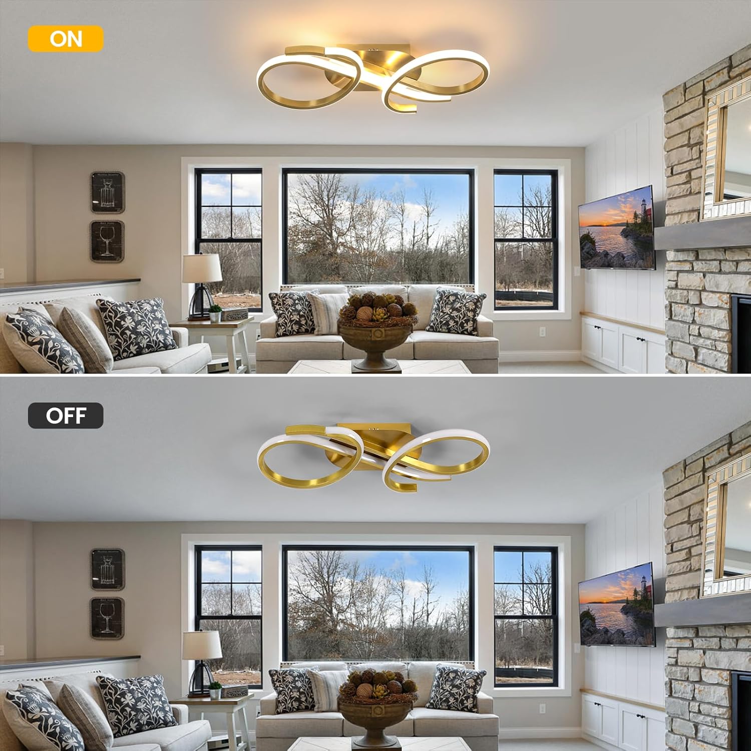 Living room with a gold ceiling light fixture shown on and off.