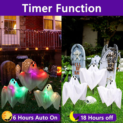 NEXVIN Halloween Decorations - 3 Pack Ghost Battery Stakes Lights with Timer, Outdoor Halloween Props for Garden, Pathway, Lawn, Yard, Haunted House