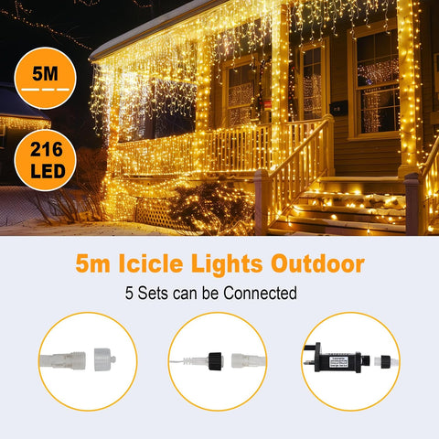 5M 216 LED Outdoor Icicle Christmas Lights – Warm White Plug In Fairy Lights with Timer, 8 Modes & IP44 Water Resistant Design - Turn Your Home Into a Winter Wonderland