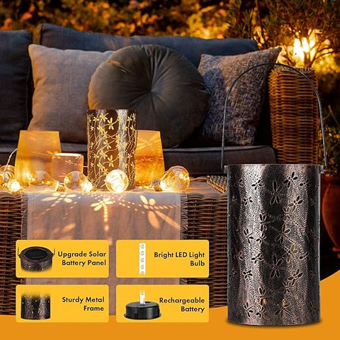 Outdoor lanterns under pergola lighting evening scene

